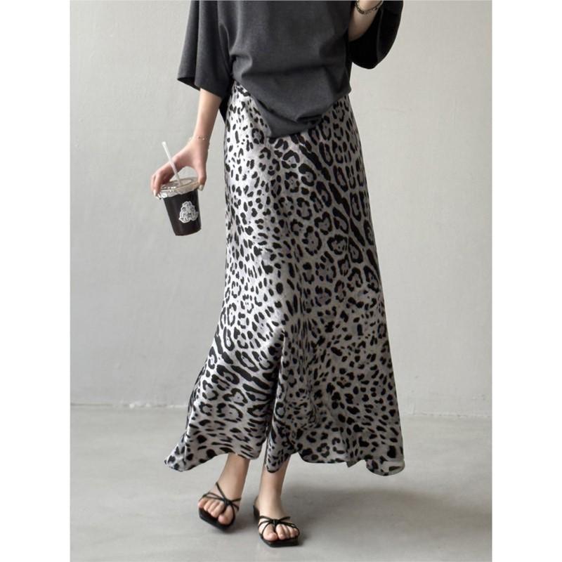 Johnature Summer Light Leopard Print Slit Skirts Women Summer Casual Loose Skirts