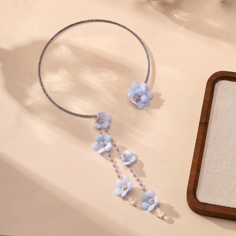 Light Blue Fabric Flower Tassel Choker Necklace Rhinestone Collar Necklace Floral Pendant Necklaces For Women Wedding Daily Part