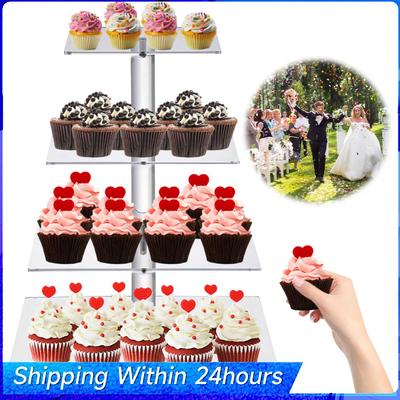 3/4 Tier Acrylic Cupcake Display Stand with LED Light Cupcake Tower Stand Cake Serving Platter for Birthday Wedding Party