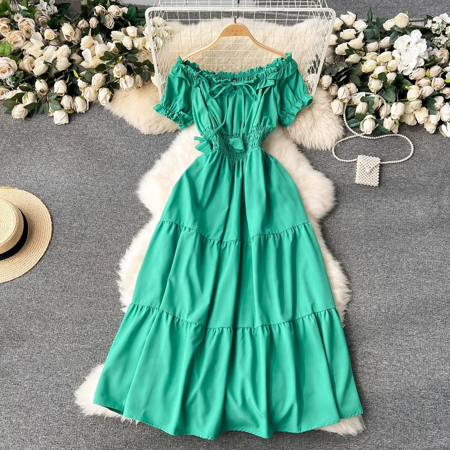 

Летние каникулы, тонкое длинное платье с эластичной резинкой на талии, женское элегантное платье с открытыми плечами, большие качели, пляжное платье макси, вечерние халат Femme One Size зелёный