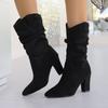 New Pointed Toe Pleated Boots for Women Winter Chunky Heels Flock Folding Knee High Boots Party Comfy Women Shoes Big Size 42