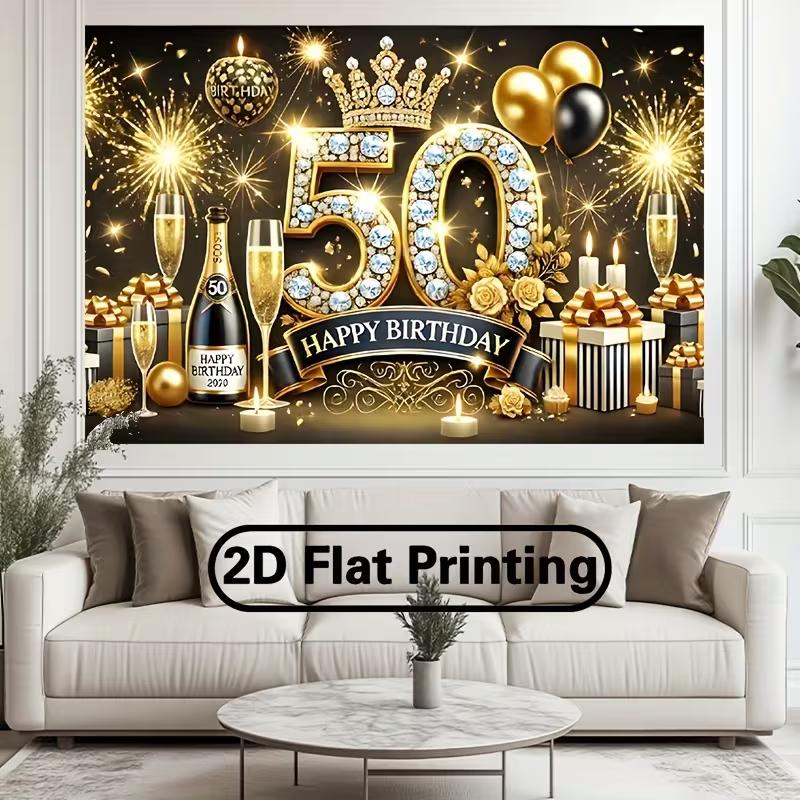 2D Luxury Black Gold 50th Birthday Backdrop Banner Glitter Crown Party Decor Background