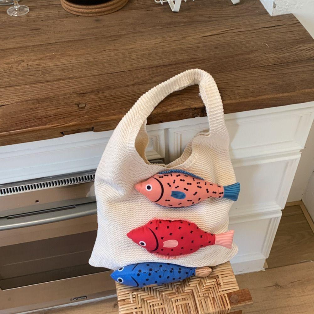 Crochet Weave Knitted Bag Cotton Beach Bag Trendy Fish Shoulder Bag Tote Bag