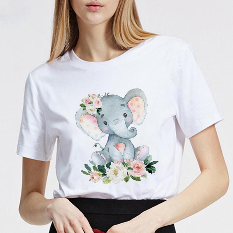 Women Tshirt Summer Round Neck Basic Cartoon Elephant Streetwear Trend Style 90S Short Sleeve Lady Clothes Female Tee Tops