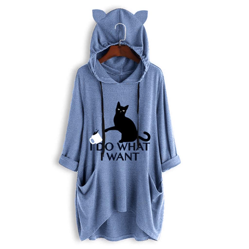 Women Casual Print Cat Ear Hooded Long Sleeves Pocket Irregular Top Blouse Shirt