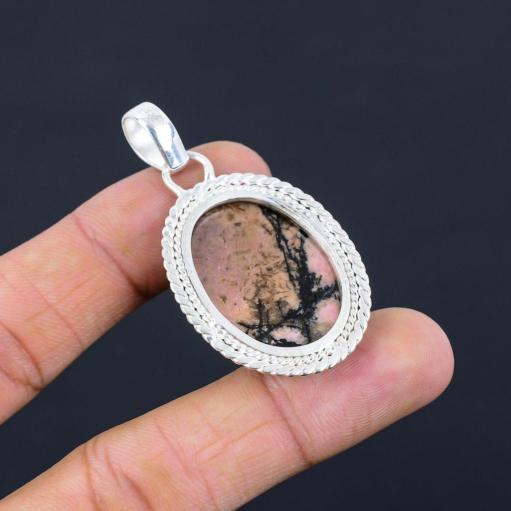 Naturlig Rodonit Ädelsten Hänge Rosa 925 Sterling Silver Indiska Smycken