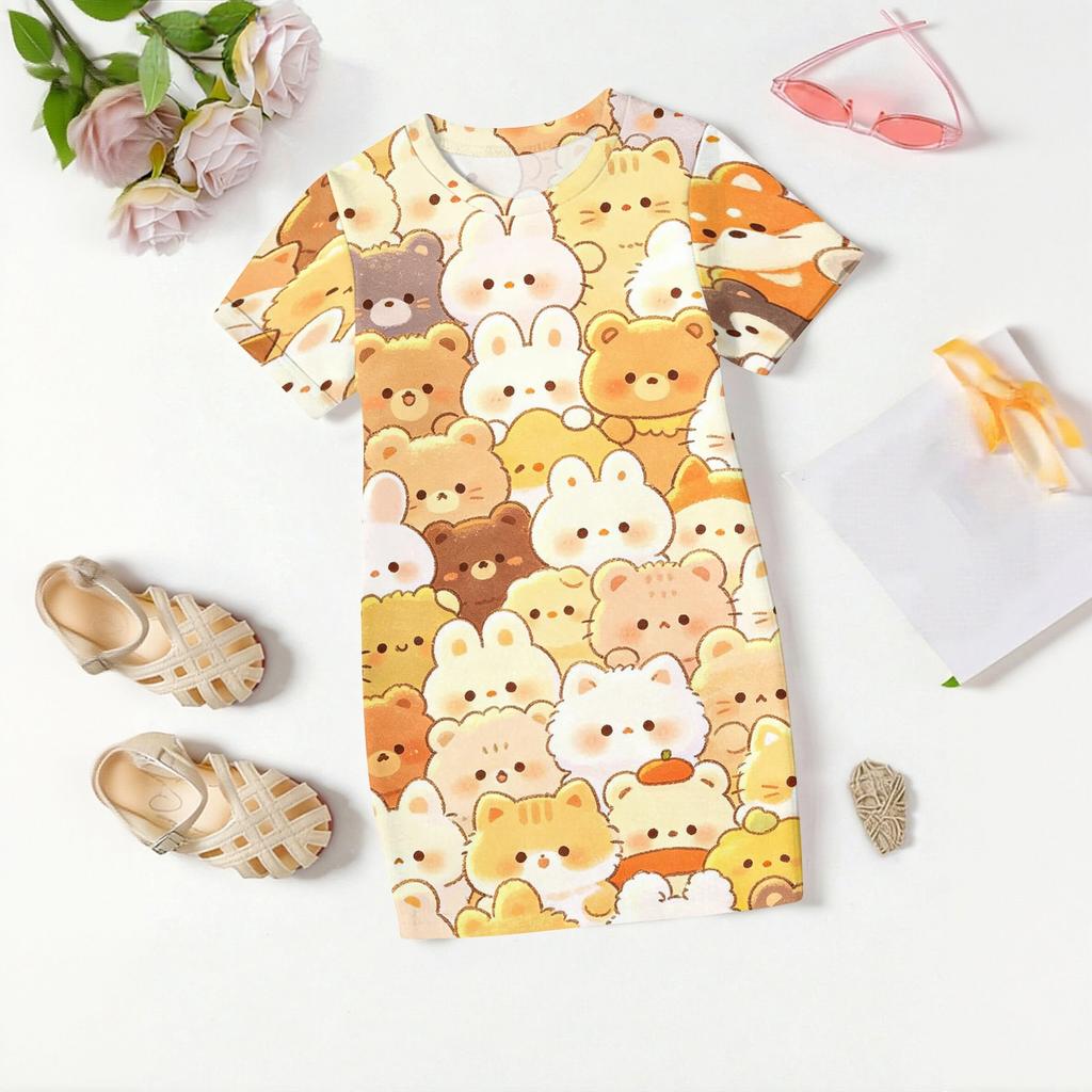 Girls Loose Fit Short Sleeve Dress Lightweight Round Neck Casual Animal Print Summer Dress for Children Comfortable Daily Wear