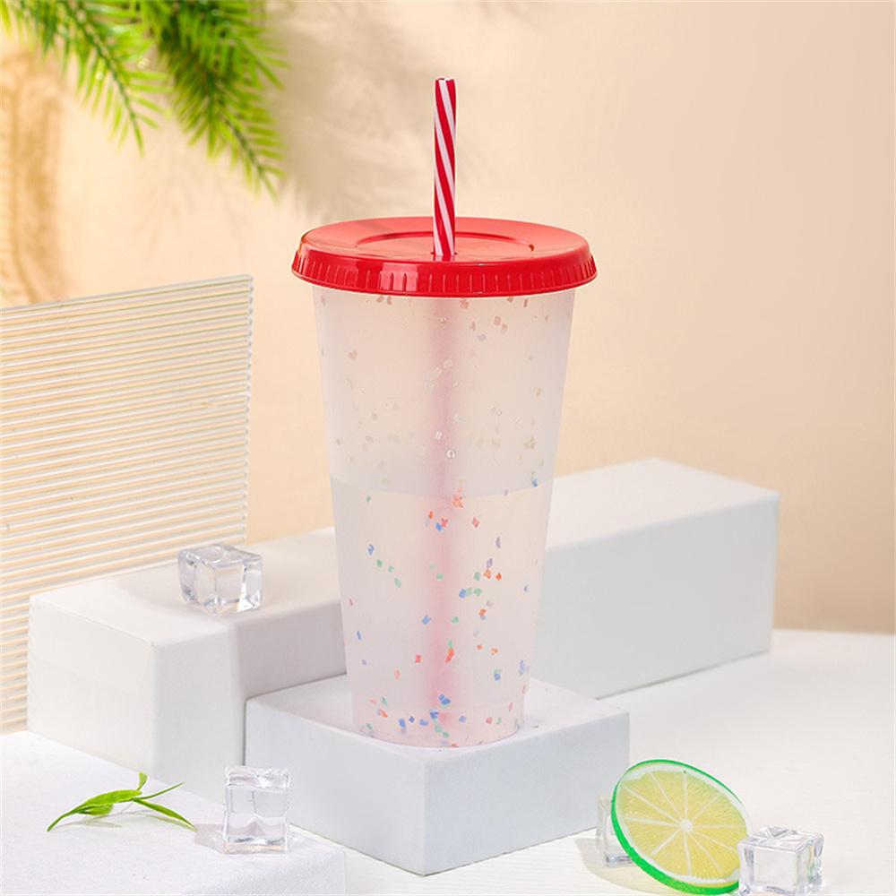 700 ml Kunststoff-Trinkbecher mit Farbwechsel und Strohhalm, klare, kalt gefärbte Wasserflasche für Kaffee, Saft, Milch, Tee, wiederverwendbarer Trinkbecher