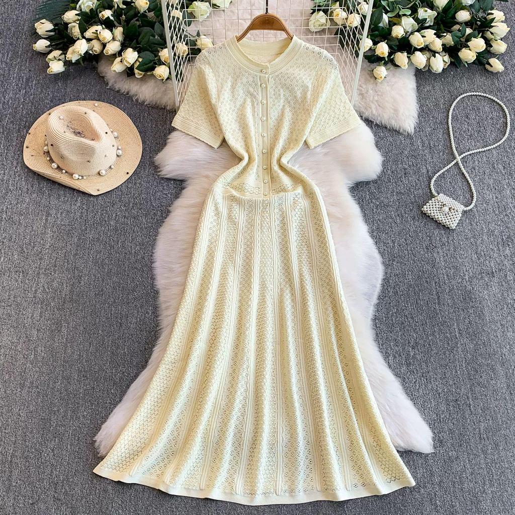 Rochie Lungă Elegantă S5 Primăvară/Vară cu Imprimeu Floral Francez, Decolteu Rotund, cu Nasturi