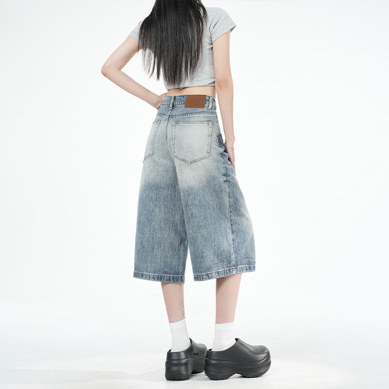 Trendy Summer Fresh Light Blue Loose Wide Leg Cropped Capri Denim Pants For Women Versatile Loose Straight Slimming Daily Wear