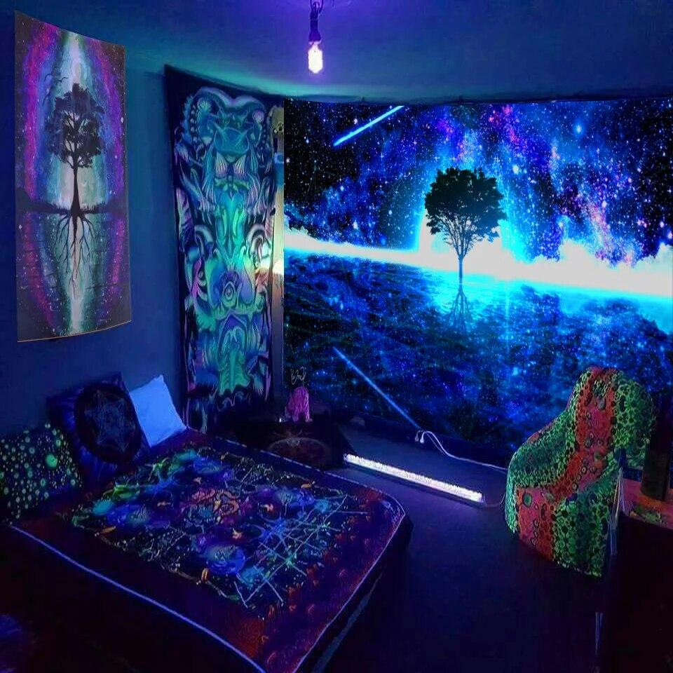 Mysterious Universe Starry Space Psychedelic Fluorescent Tapestry Wall Hanging  Trees and Stars Bedroom