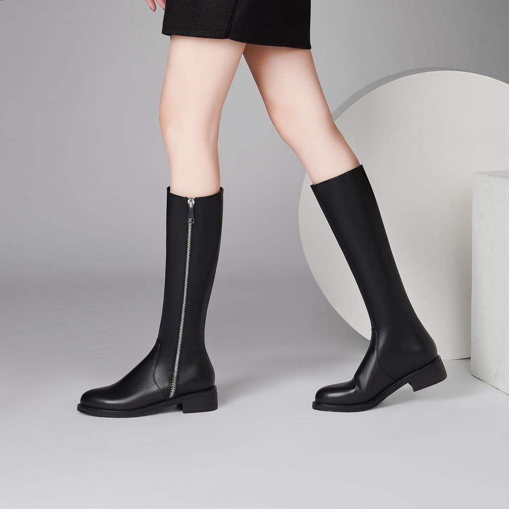 Krazing Pot Naturkuhleder Herbst Winterschuhe Dicke Mittelhohe Absätze Große Größe 45 Größe 44 Leder Europäisches Design Damen Warmhalten Kniestiefel