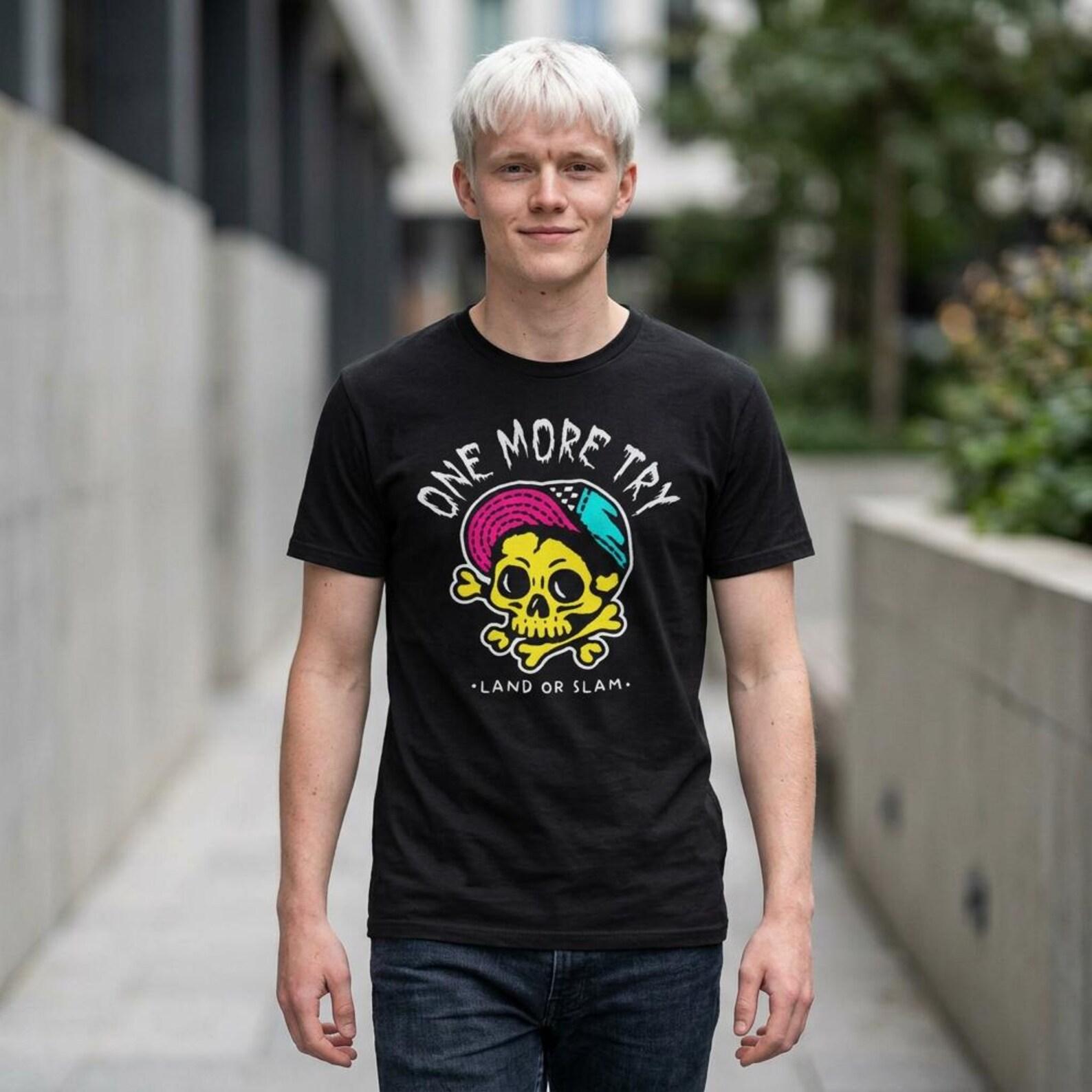 One More Try Skull with Cap T-Shirt | Neon Skull Graphic Tee 3XL
