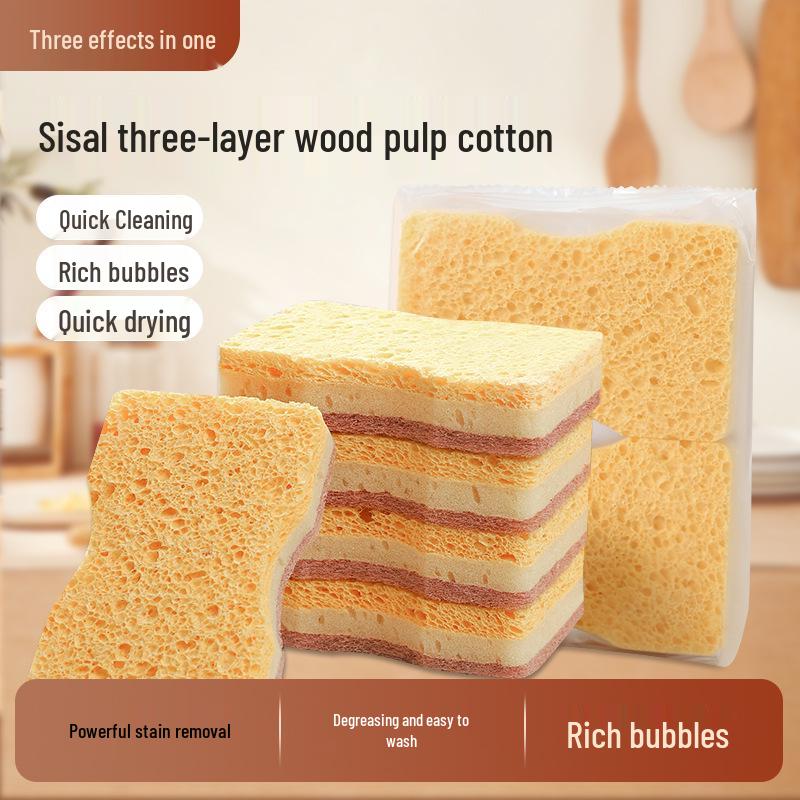 Wood Pulp Cotton Cleaning Sponge & Brush Set - Absorbent Dishcloth, Magic Eraser, Kitchen Scouring Pad