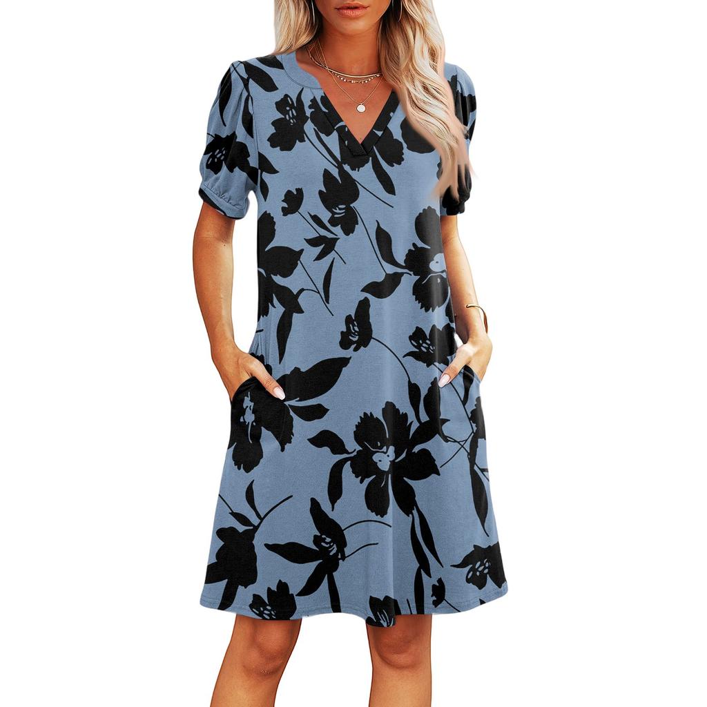 Women's Summer V-Neck Casual Beach Dresses Pod Short Sleeve Vintage Floral Print Dresses