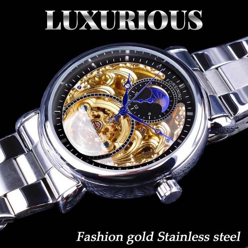 Forsining Orologio da uomo alla moda, per il tempo libero, con intagli lunari scavati e orologio meccanico scavato