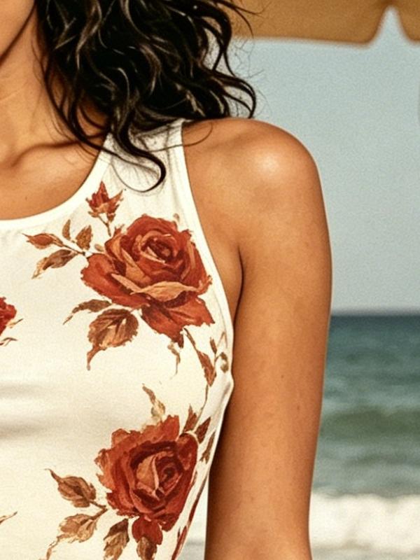 Women's Cream Base Vintage Red Rose Floral Print Sleeveless Bodycon Mini Dress, High Waist Form-Fitting Summer Beach Dress