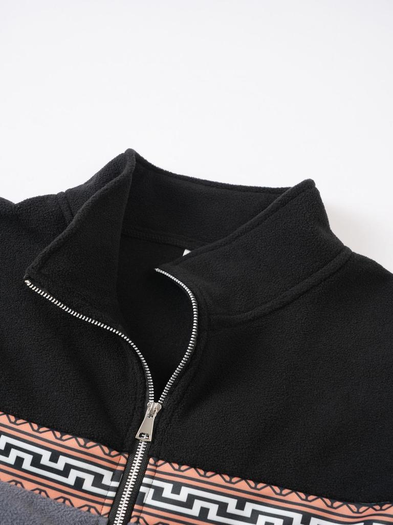 Men's Autumn/Winter Half-Zip Fleece Stand Collar Color Block Jacquard Sweatshirt