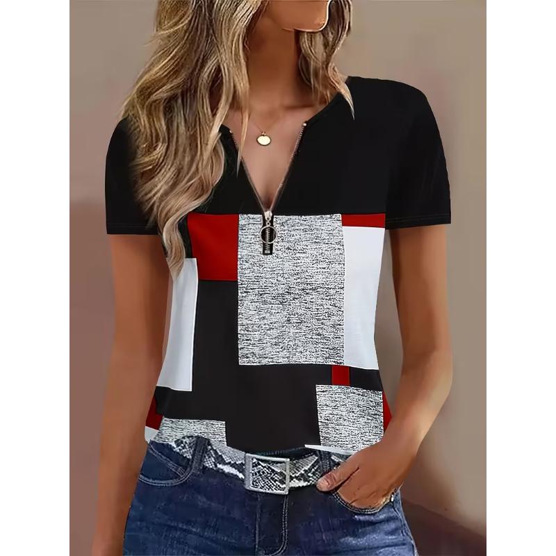 Ladies' casual elegant black and white abstract geometric pattern short sleeved T-shirt with zipper details