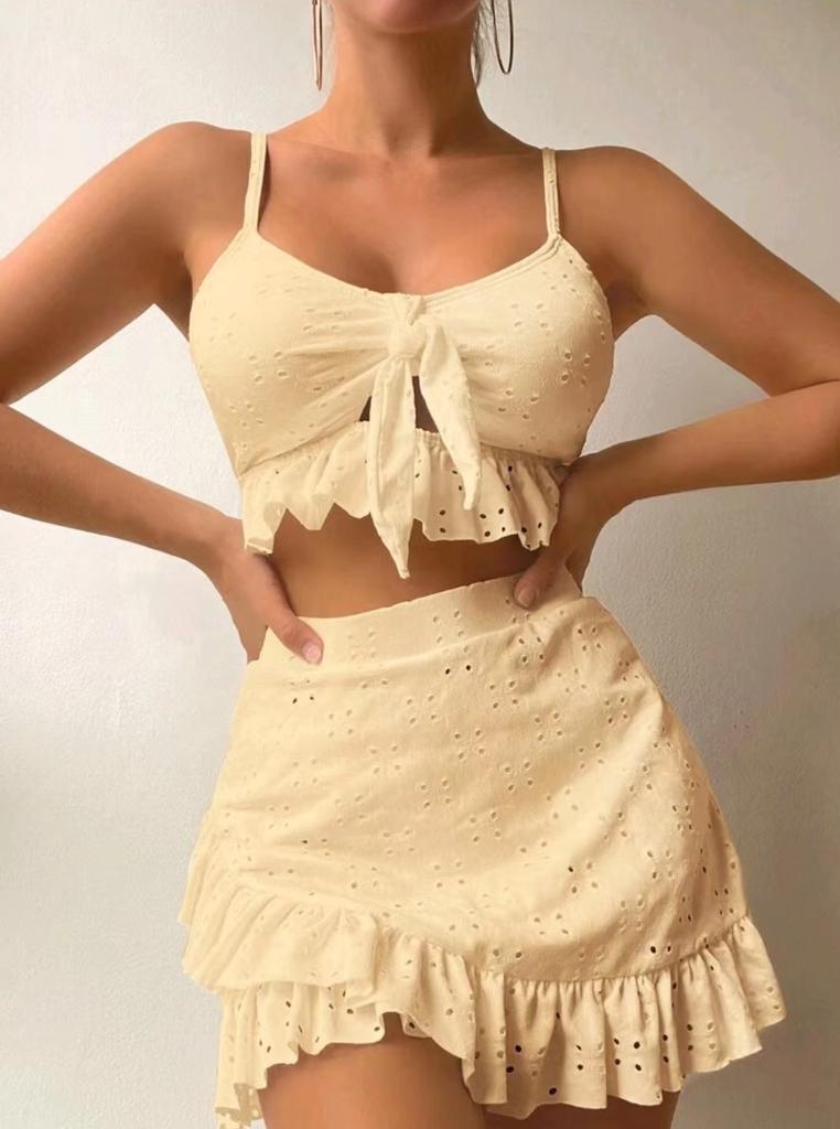 Maillot de bain trois pièces pour femme Couleur unie Volant Lacets Taille haute Bikini sexy Maillot de bain deux pièces Vêtements de plage