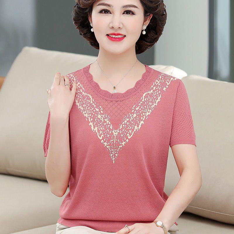 Knitted Short Sleeved Small Shirt Middle-aged and Elderly Women's Summer T-shirt Top