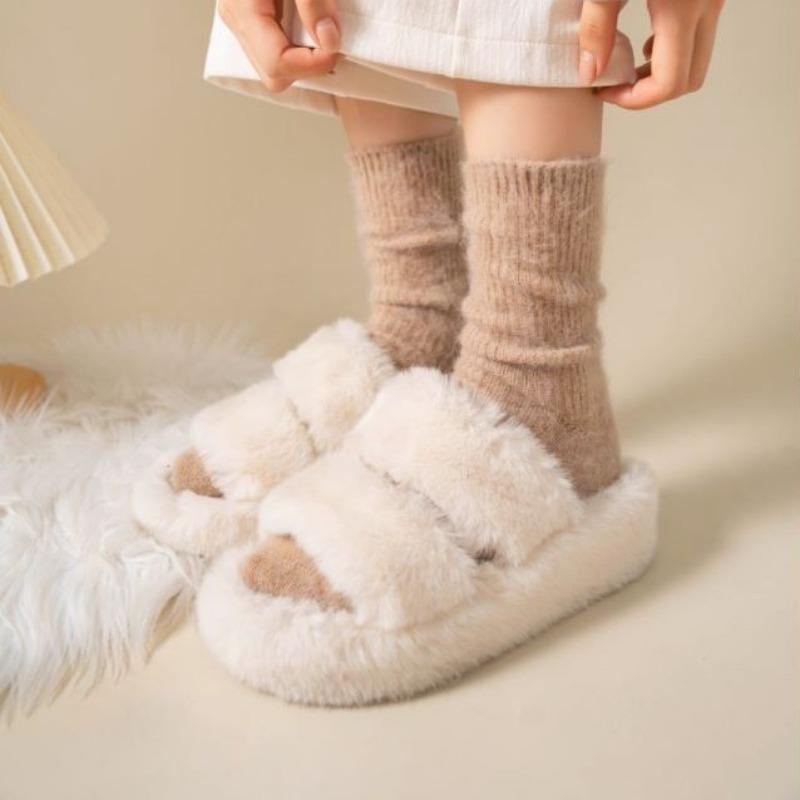 Female Winter Velvet and Thick Warm Soft Vertical Pattern Solid Color Sleep Home Tube Socks