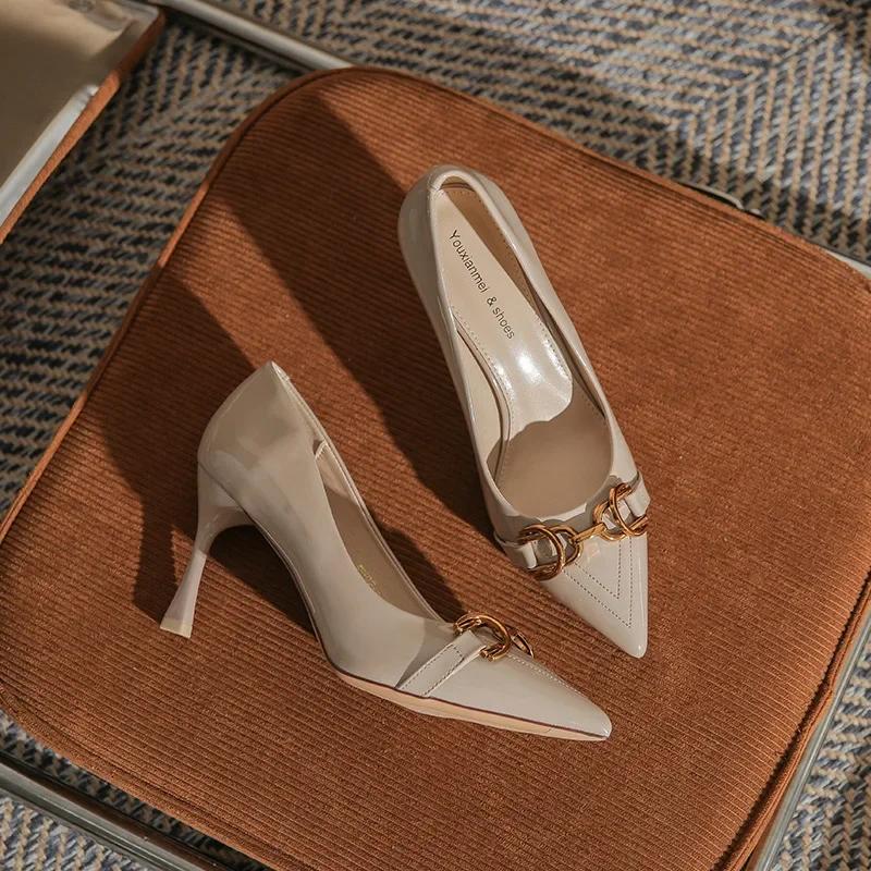 Fashion Fashion Metal Buckle High 6.5cm/8.5cm Stiletto Heels Pumps Women Shoes Pointed Toe Office Work Party Shoes Ladies Wedding Shoes