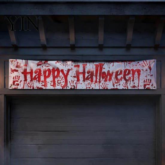 Spooky Backdrop for Home Large Happy Halloween Banner Outside, 70 x 15 Inch Yard Sign Reusable Flag, Welcome Garden Fence Party Decoration Front Porch