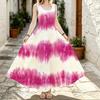 Vibrant Magenta Tie Dye Stripe Print Round Neck Sleeveless Long Dress, Vacation Beach Flowy Maxi Dress