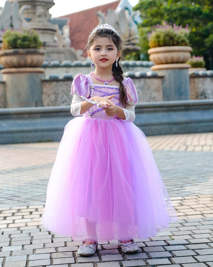 Axaxa Princess Dress, Rapunzel Costume for Kids (Long Hair Princess Dress + Tiara, Etc.), 7-Piece Set, Sizes 100-140cm, Kids' Costume, One-Piece