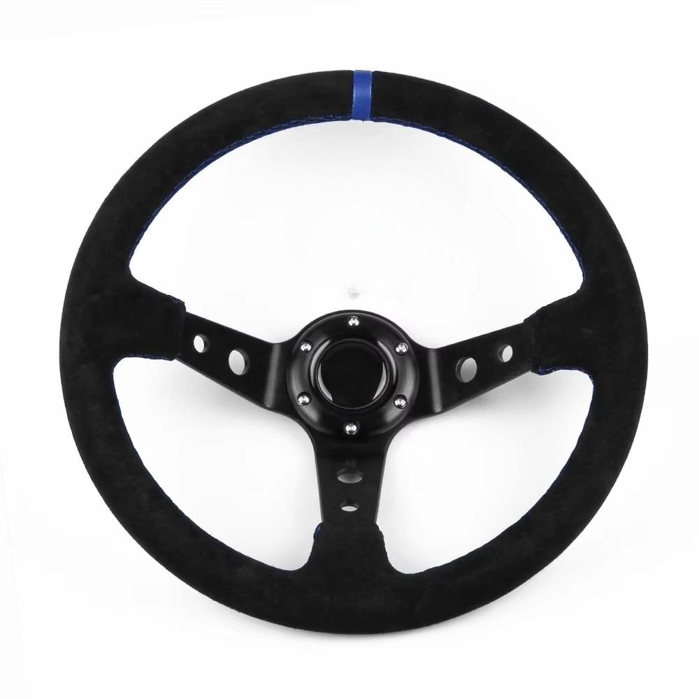 

Руль RacingGame из замши и искусственной кожи, для дрифта, спорта, ралли, универсальный, классический, из микрофибры, алюминиевый, автомобильный, 350 мм, 14 дюймов. синий