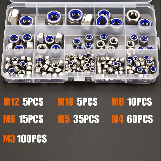230pcs Steel Locknut Kit: Metric Nylon Insert Locknuts (M3-M12), Fully Threaded, for Bolts In Various Environments.
