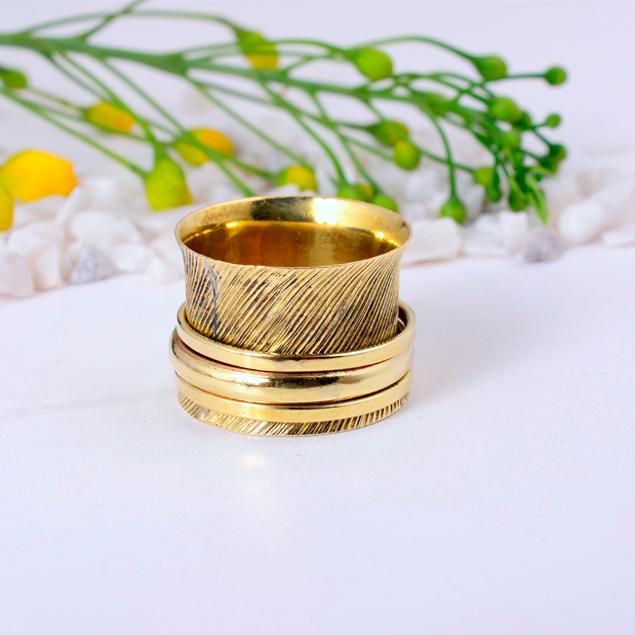 Gold Brass Spinner Ring, Wide Adjustable Meditation Ring, Handmade Boho Fidget Ring, Unisex Statement Jewelry Gift