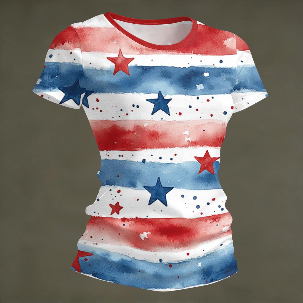 Women's Fashion Round Neck Independence Day Print Short Sleeve Loose Crewneck T-Shirt Top