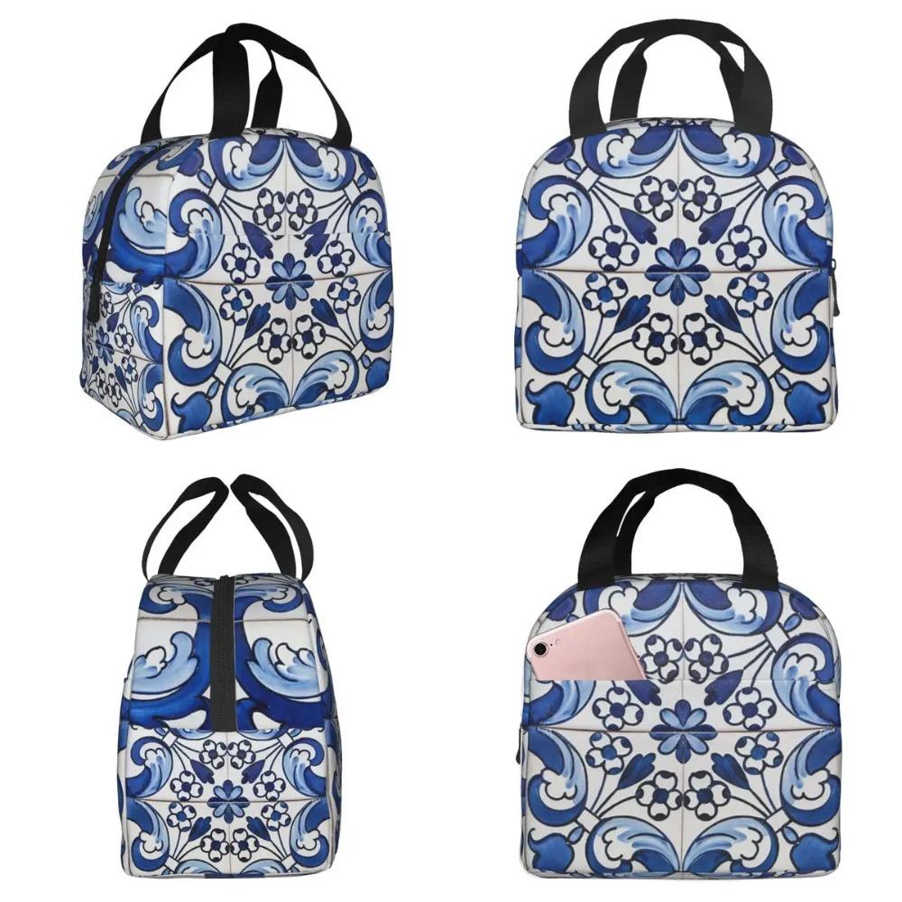 Antique Classic Lisbon Blue Azulejo Tile Floral Pattern Insulated Lunch Bag for Kids School Cooler Thermal Food Box TotePortable