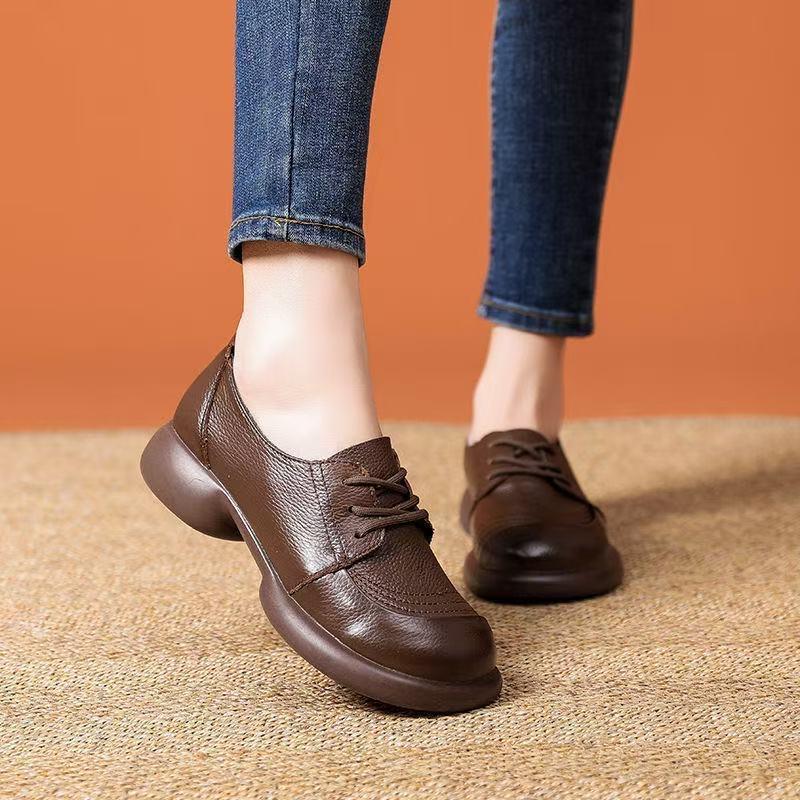 Spring Autumn Genuine Leather Mother Shoes Women Thick Sole Soft Comfort Cow Leather Ladies Casual Shoes Black Brown Plus Size 41