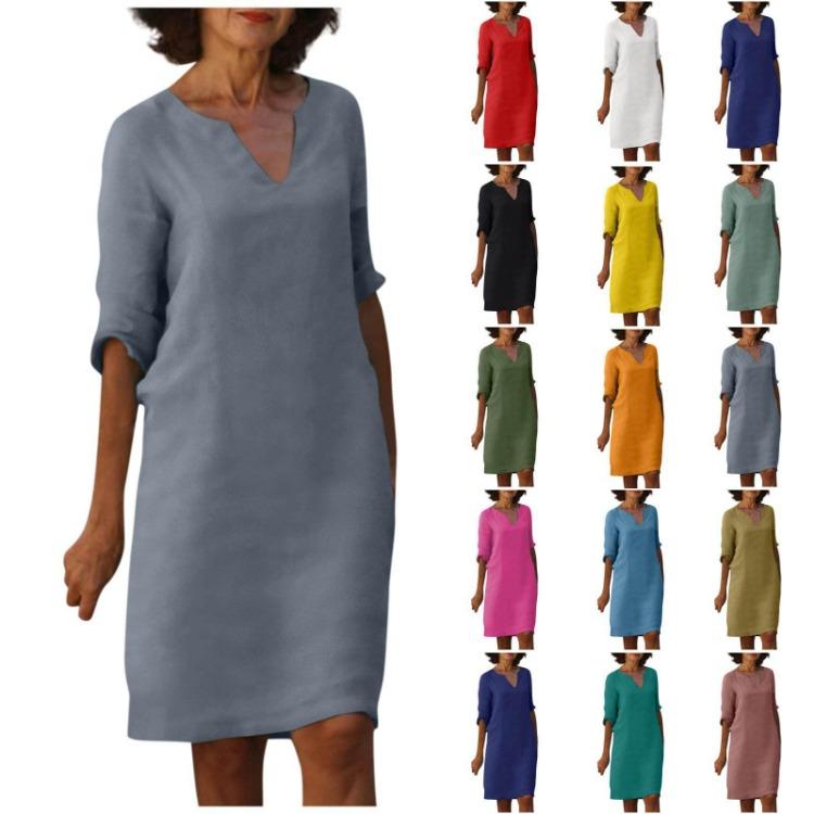 Retro High Waist V-Neck Cotton Linen Dress European American Style Solid Color Washed Wrinkled Fabric Three Quarter Sleeves