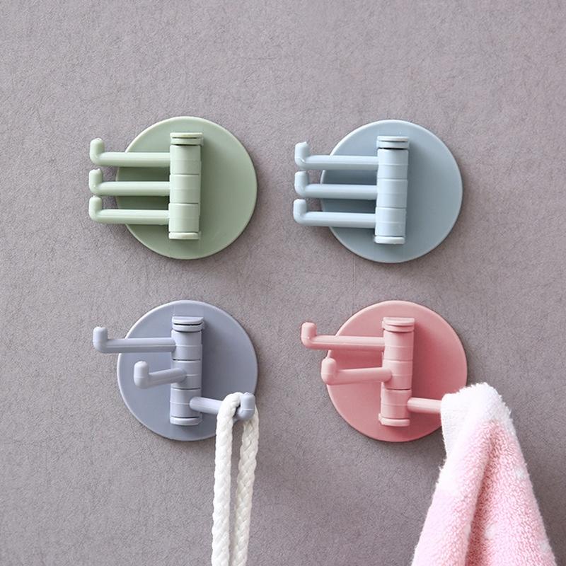 Seamless Rotatable Non-Punching Utility Hook Hangers Bathroom Kitchen Sticky Wall Triple Hook for Hanging Towel