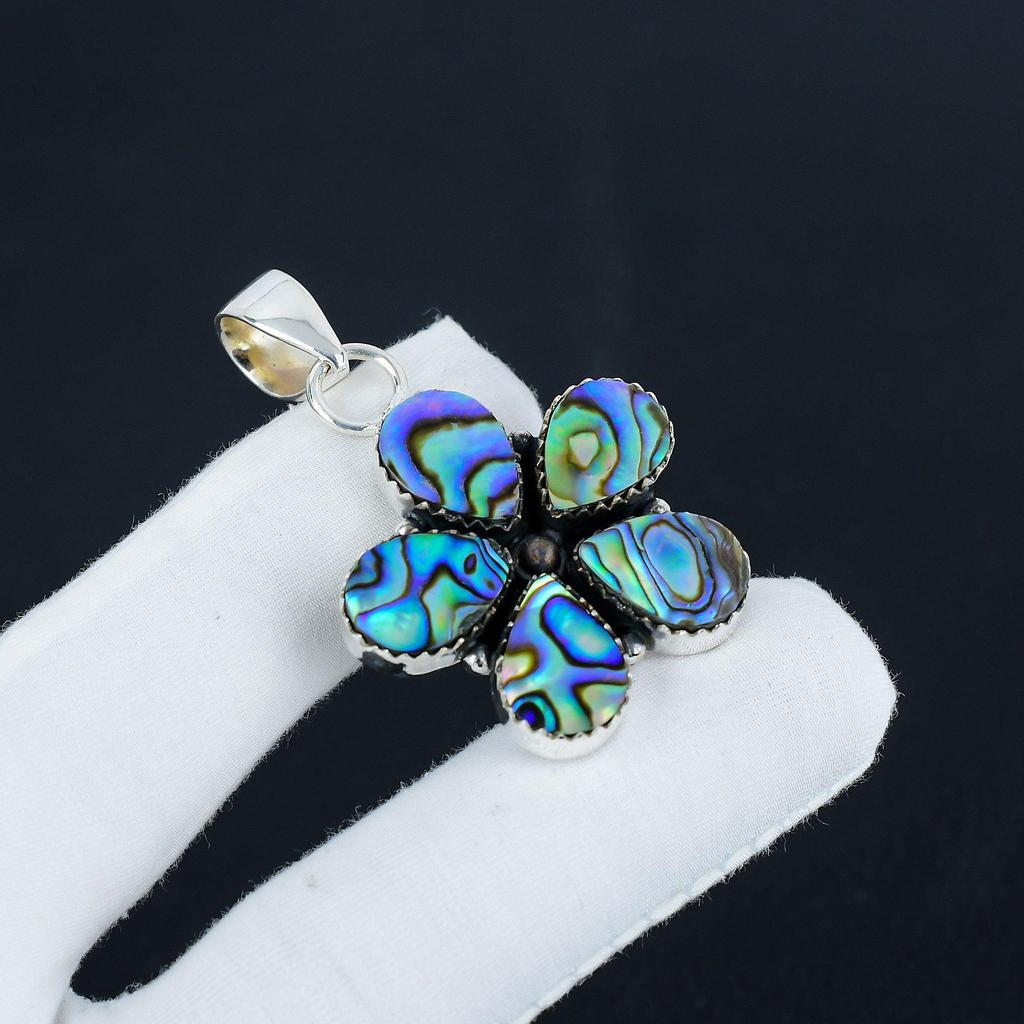 Natural Abalone Shell Gemstone Silver Pendant In 925 Sterling Silver - Handmade Flower Design, Everyday Wear Jewelry Wadding Gift