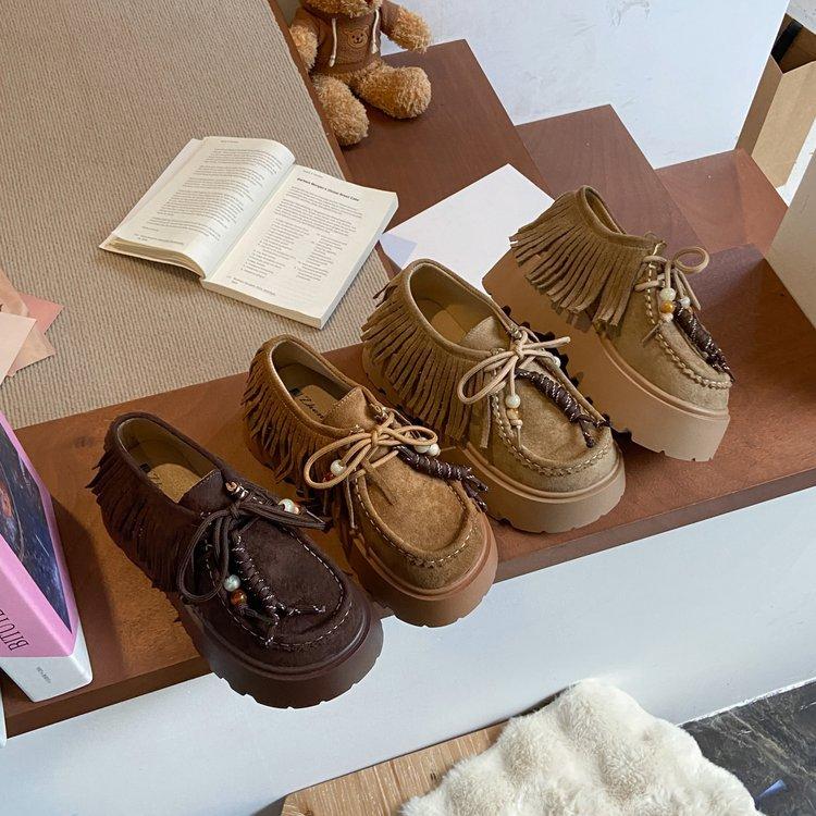 European 2025 new matte leather thick-soled heightening muffin tassel lace casual women's loafers small single shoes