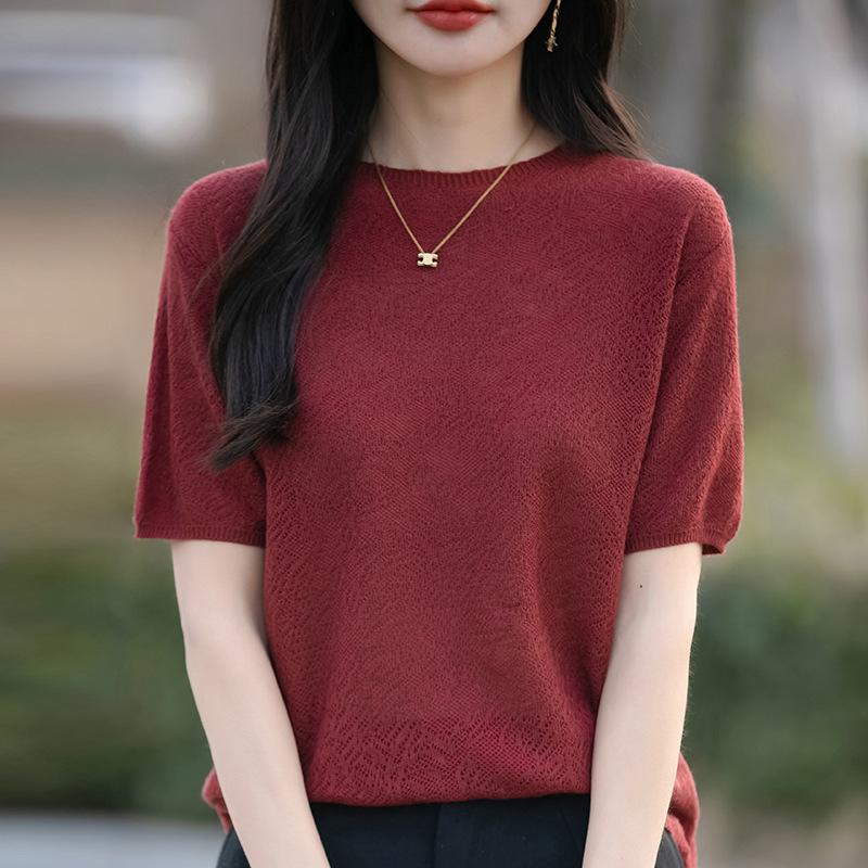 

Весенний новый тонкий шерстяной ажурный трикотажный топ с короткими рукавами XXL красный