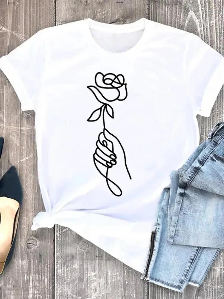 Womens White Short Sleeved Tshirt  Sunflower Bicycle Printed Casual Summer Fashion Tshirt with Rose Heart Pattern Top