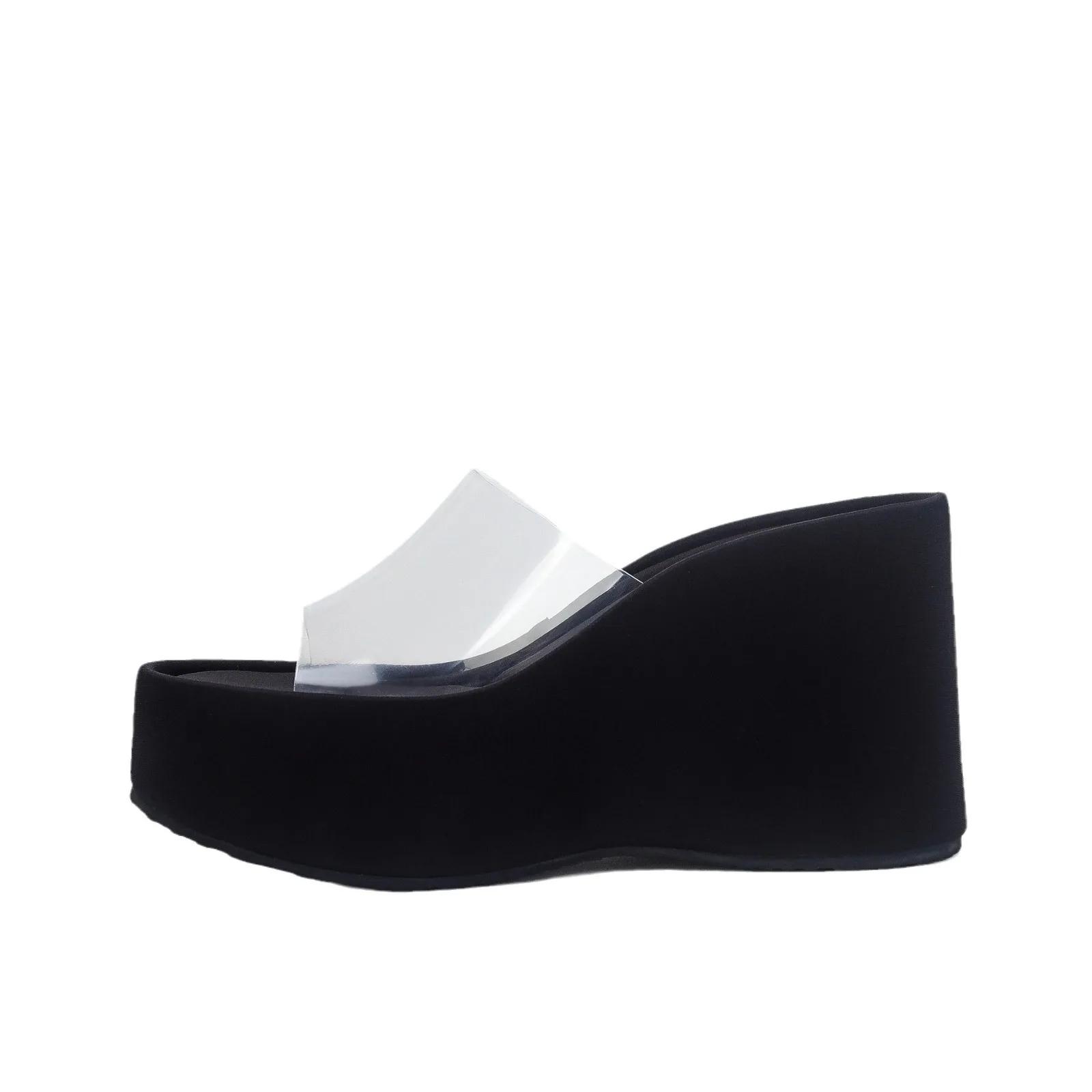 

Женские прозрачные тапочки, летние новые модные тапочки, женские шлепанцы, универсальные прозрачные босоножки на высоком каблуке с покатым каблуком 40