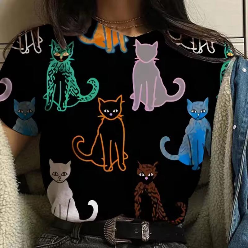 3D-tryckt söt djur-t-shirt för kvinnor roliga kattgrafiska t-shirts sommarmode överdimensionerade t-shirts kortärmade toppar med rund hals