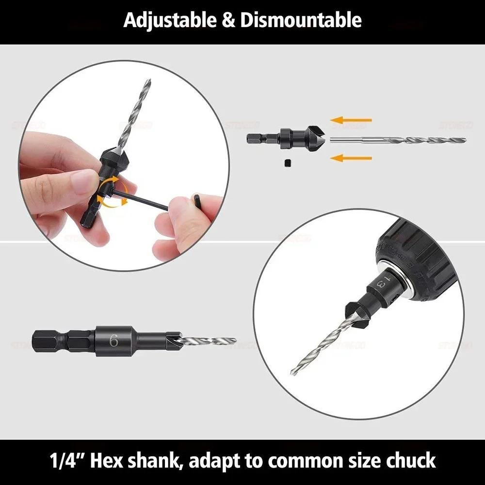 4Pcs Hex Handle Countersink Drill Bit Set Woodworking Chamfering Tool for Screw Head Opening