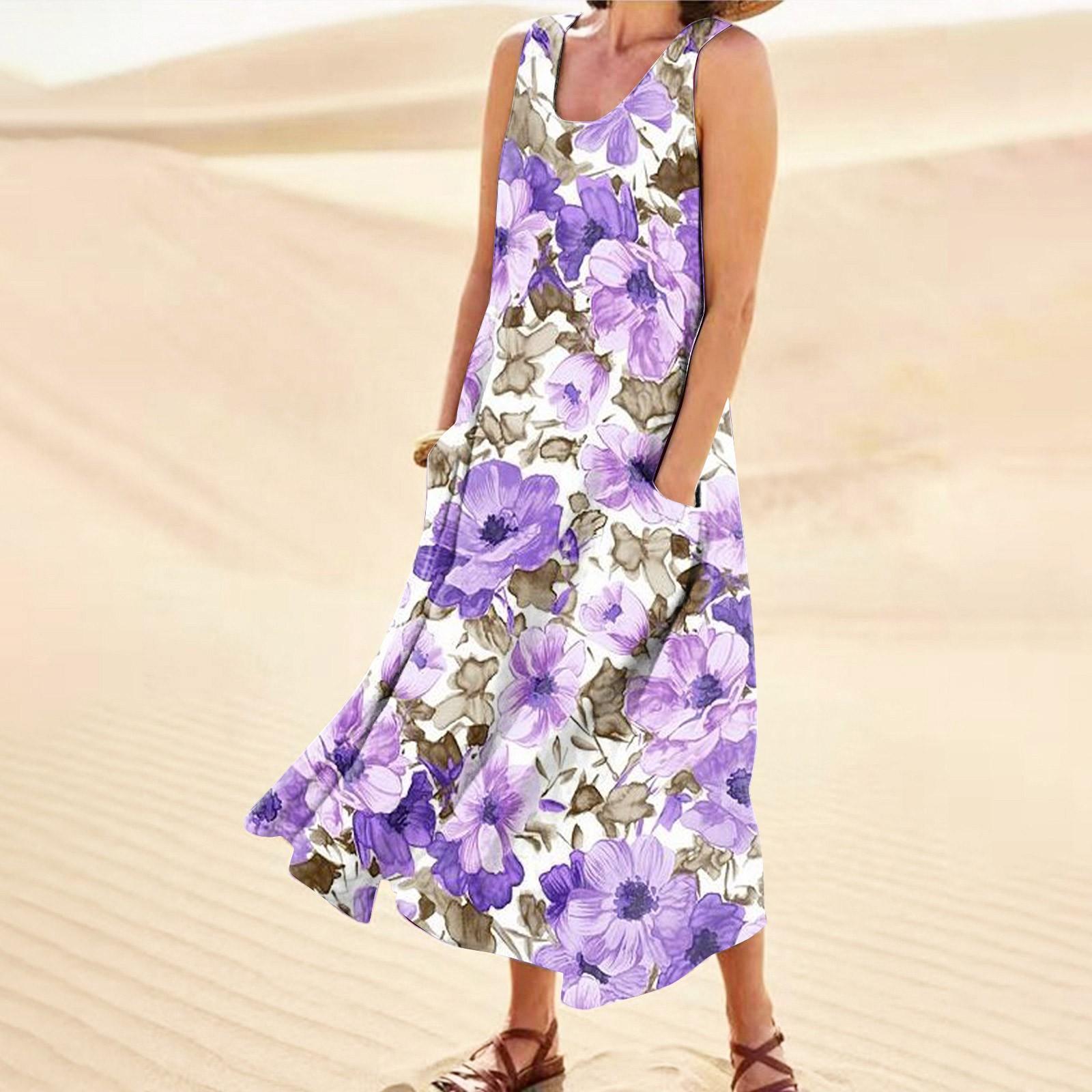 

Женское летнее повседневное модное платье без рукавов с круглым вырезом и карманом с цветочным принтом M фиолетовый