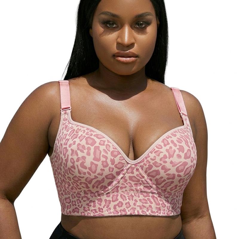 European Plus Size Leopard Print Adjustable Tank Style Full Cup Bra for Women