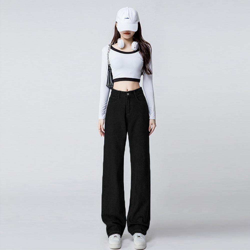 Versatile loose ins jeans women's 2025 spring and autumn new high-waisted straight tube drape wide-leg jeans