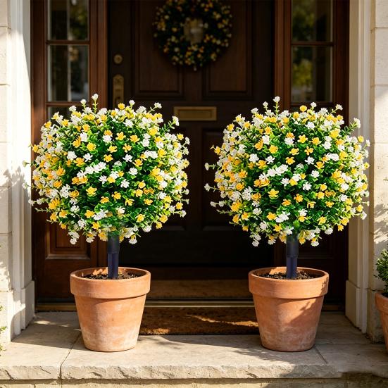 Artificial Camellia Topiary Ball Trees UV Resistant Faux Camellia Shrubs with Stake Realistic Fake Plants Bushes for Front Door Farmhouse Porch Garden