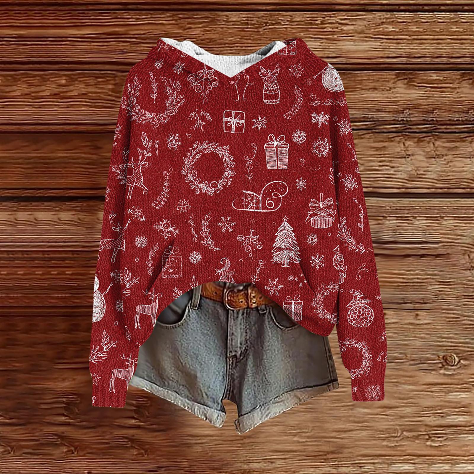 

Женский модный повседневный трикотажный худи с длинным рукавом и рождественским принтом S